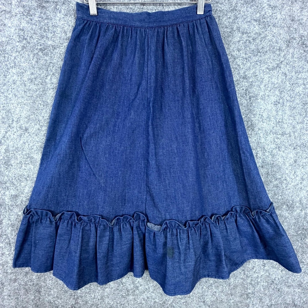 Prime Time Petites Prairie Skirt Womens Blue Denim Back Button Ruffle Hem Modest